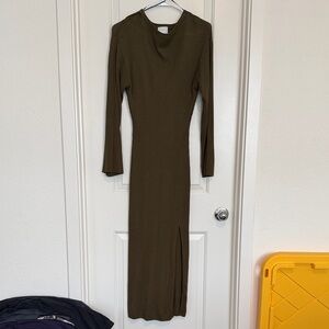 H&M Olive Ribbed Long-Sleeve Maxi Dress with Side Slit